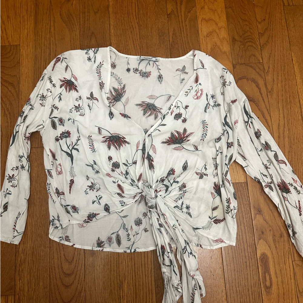 Pull & Bear Floral Long Sleeve Tie Blouse
